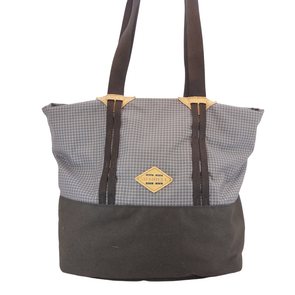 Merrell Tote Bag Gray Black Excellent Grid Pattern Canvas Shoulder Bag Retired